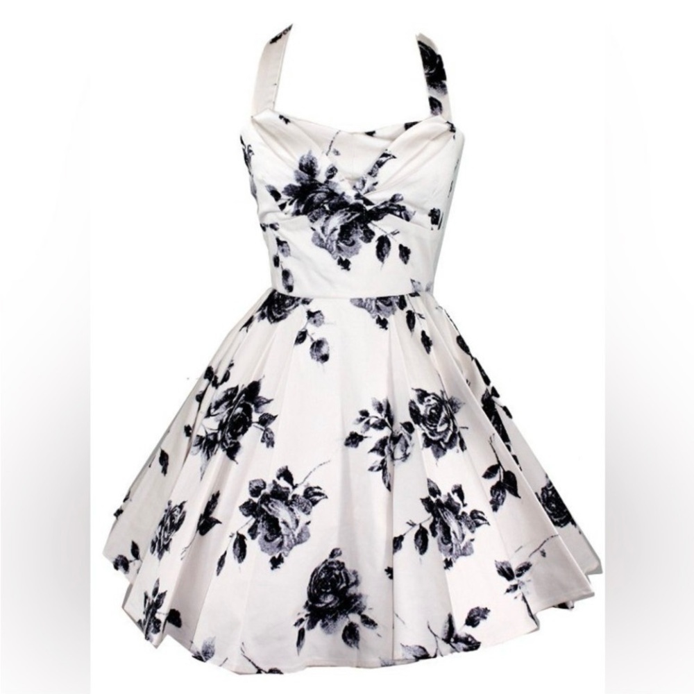 - Vintage 50s style Ixia cream and black floral halter a-line dress size small